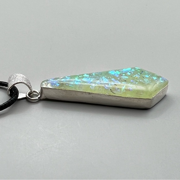 New Opalite Dichroic Acrylic Silver Overlay Pendant Necklace with Cord - Picture 2 of 6